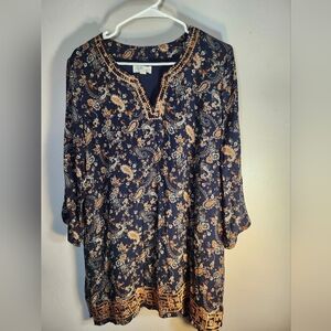 Magnolia Grace Elegant Navy Paisley Embroidered Tunic Top Sz L